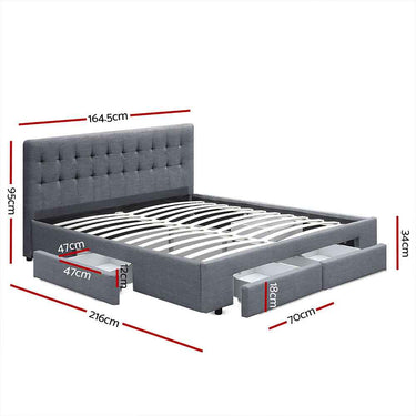 Queen Size Bed Grey AVIO Queen Bed Frame with 4 Storage Drawers